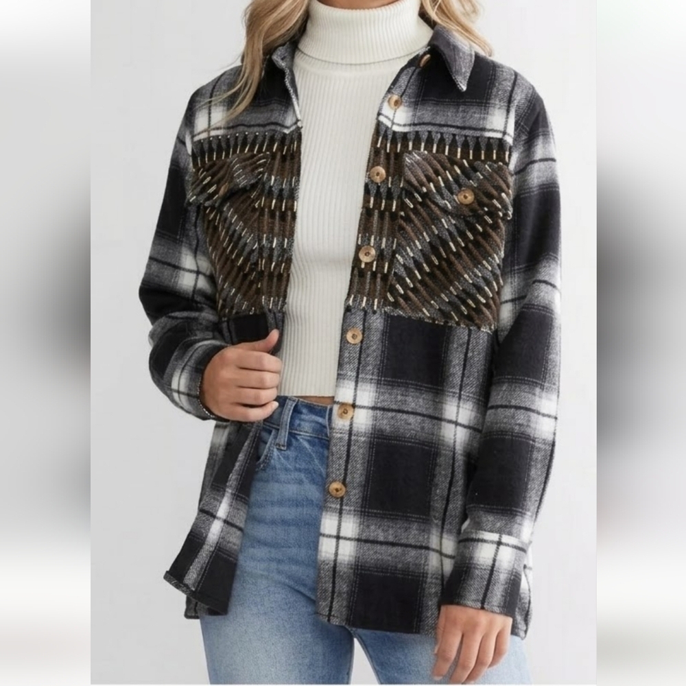 BKE Plaid Shacket with Brown Embellished Chest Panels Womans Sz S